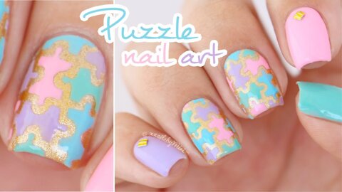 Colorful Puzzle Pieces Nail Art _ using nail vinyls from PonchiNail