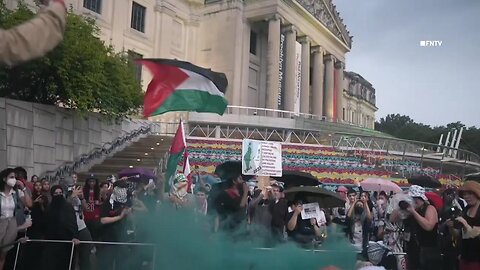 Hamas Flag and Smoke Bombs under Storm and Lighting Sky in Brooklyn