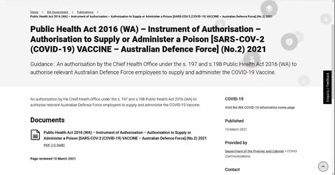 Western Australian Govt Authorized the Supply & Administration of a "POISON" vaccine, 1 May 2021