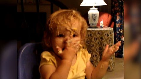 Little Girl Washes Face With Mashed Potato