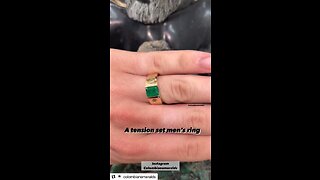 Dark green emerald cut emerald & diamond half bezel 3 stone engagement wedding mens ring