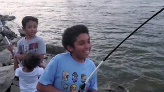 Jaydon Catches His First Striper (Rockfish)! Getting super hyped! #Stripedbass #striper #rockfish