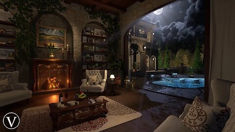 Mediterranean Lounge Ambience | Calm Night & Thunderstorm | Water, Nature, Fireplace & Rain Sounds