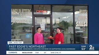 Fast Eddie's Northeast says "We're Open Baltimore!"