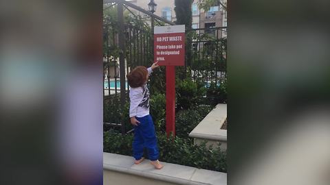 Boy Reads No Pet Waste Sign And Then Steps In Dog Poop