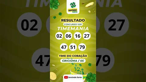 🍀 Resultado TIMEMANIA 1891 | Sentindo Sorte #shorts