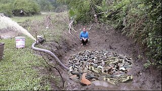 Hunting wild fish _ Using a pump, pumping water outside the natural lake, catching a lot fish Ep44