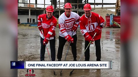 Pretty cool: Kris Draper, Darren McCarty, and Joe Kocur took one last faceoff at the site of Joe Louis Arena