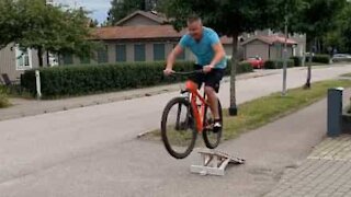 Man reveals more than expected in bicycle jump