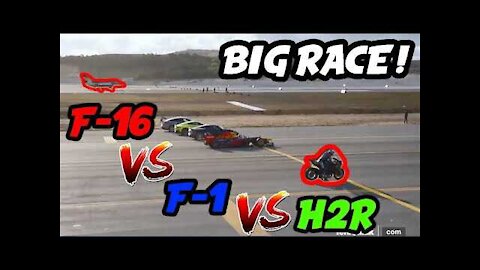 this is a video race ninja h2r f16 fighter jet and f1 car