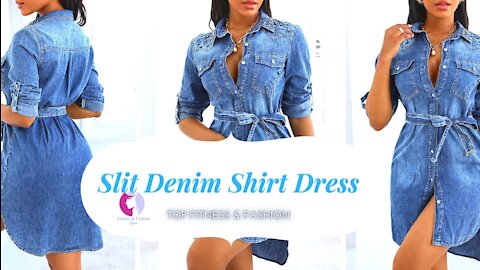 Beaded Button Design Slit Denim Shirt Dress