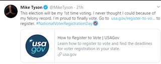 Mike Tyson tweets about being allowed to vote for first time