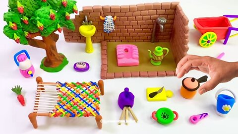 DIY How to make polymer clay miniature Village House, Washroom Set, Kitchen Set, Tree, Charpai