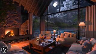 Swiss Alps Chalet | Night Rain Ambience | Fireplace & Thunderstorm Sounds