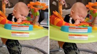 Tired Baby Literally Falls Asleep While Bouncing In Jumper