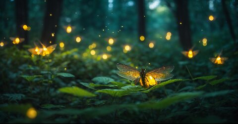 Beautiful fireflies in the night with piano music