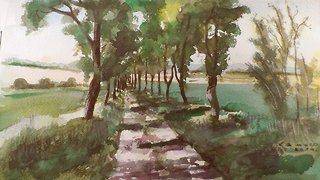 Road with trees watercolor painting