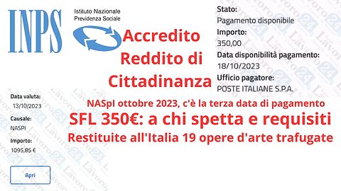 NASpI ottobre 2023 | SFL 350€: a chi spetta e requisiti | Accredito Reddito di Cittadinanza e altre