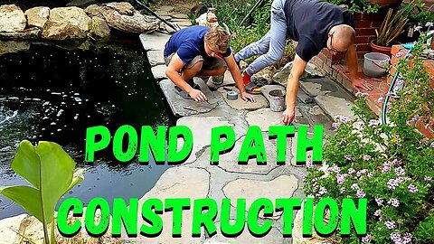 Pond path way construction (laying pavers with concrete for our pond) DIY pond build