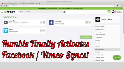Rumble Finally Activates Facebook / Vimeo Syncs !
