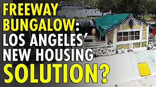 Dwelling illegally constructed on side of freeway by homeless - LA officials do nothing