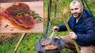 Juicy Lamb Leg steak cooked on campfire ASMR cooking no talking