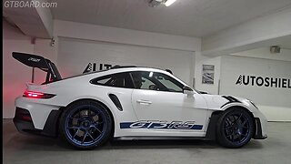 Matte White Porsche 911 GT3 RS Weissach Package with Indigo Blue Wheels at AutoShield Sweden