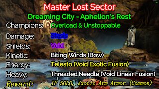 Destiny 2, Master Lost Sector, Aphelion's Rest on the Dreaming City 12-26-21