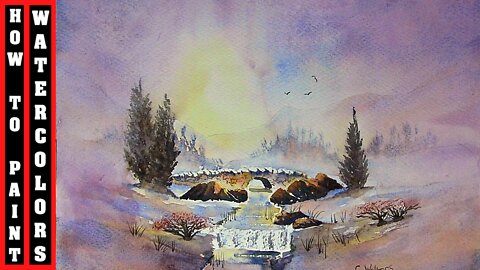 PAINT A STONE BRIDGE ACROSS A RIVER IN A STUNNING WINTER LANDSCAPE IN WATERCOLOR
