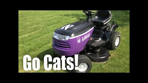 A Northwestern University Wildcats riding lawn mower