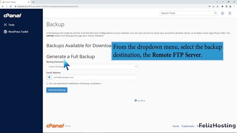 How to generate a cPanel backup and sent it to FTP Server with FelizHosting