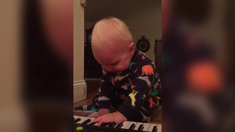 A Baby Boy Laughs As He Plays With A Keyboard