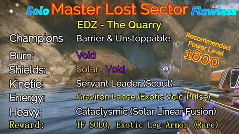Destiny 2 Master Lost Sector: EDZ - The Quarry on my Hunter Solo-Flawless 10-15-22