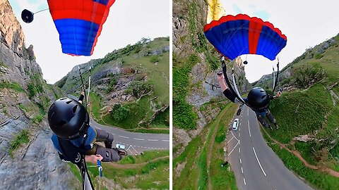 Base-jumper shows spectacular view at the Cheddar Gorge