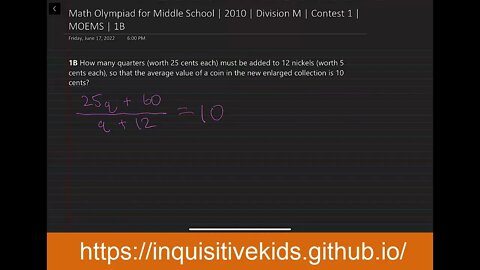 Math Olympiad for Middle School | 2010 | Division M | Contest 1 | MOEMS | 1B