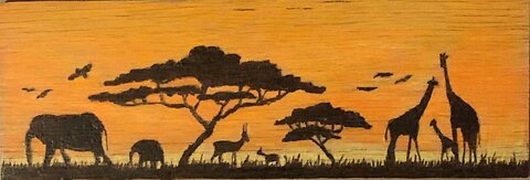 All good things are wild and free. Africa silhouette wood burn/pyrography landscape