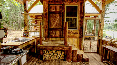 Building Stairs into my Log Cabin from the Outdoor Kitchen, Installing a Pine Countertop and Sink