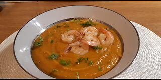 Cream of pumpkin, sweet potato soup & shrimps