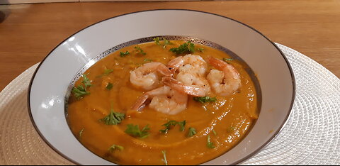 Cream of pumpkin, sweet potato soup & shrimps