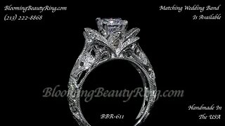 BBR 611 Art Carved Blooming Rose Flower Engagement Ring with Rose Gold Petals BloomingBeautyRing.com