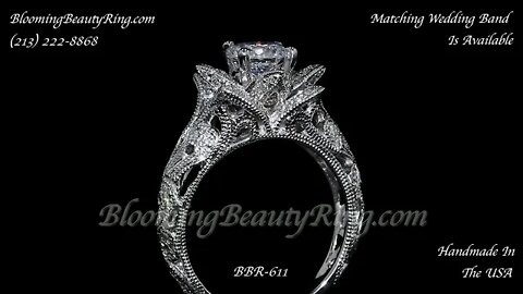 BBR 611 Art Carved Blooming Rose Flower Engagement Ring with Rose Gold Petals BloomingBeautyRing.com