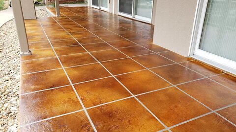 DECORATIVE Concrete | Tile Patio ACID STAINED CONCRETE with a Decorative Tuscan SLATE Texture!