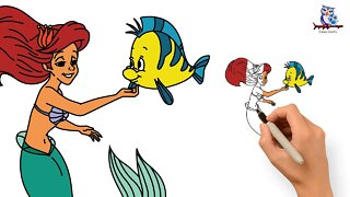 How to Draw Ariel and Flounder The Little Mermaid - Disney Tutorial