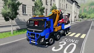 Car animation: Flatbed truck carrying tractor falls into river, excavator and harvester start rescue