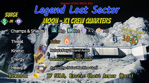 Destiny 2 Legend Lost Sector: Moon - K1 Crew Quarters on my Solar Hunter 9-18-23