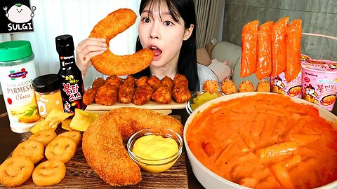 ASMR MUKBANG| Rosé Tteokbokki, Fried Kielbasa Sausage, Carbonara Fire noodles, Fried Chicken.