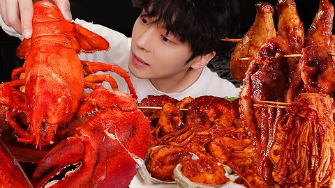 ASMR MUKBANG SEAFOOD, Giant cheese Lobster, spicy noodles, Octopus, Mushroom, recipe ! eating