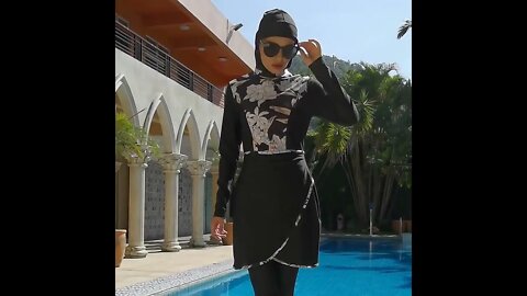 2022 New Muslim Swimwear Women Modest Print Patchwork Hijab Long Sleeves Sport Swimsuit 3pcs