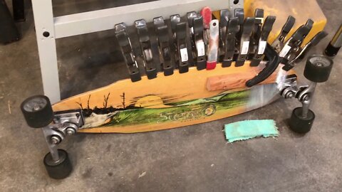 Saturday Projects™.com | Longboard Skateboard deck delamination repair with gorilla glue and clamps