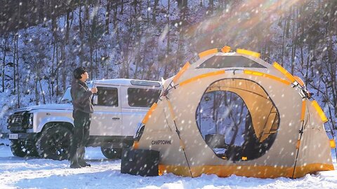 -18℃ Winter Camping, Yellow Submarine Tent In Snow / Land Rover DEFENDER 90